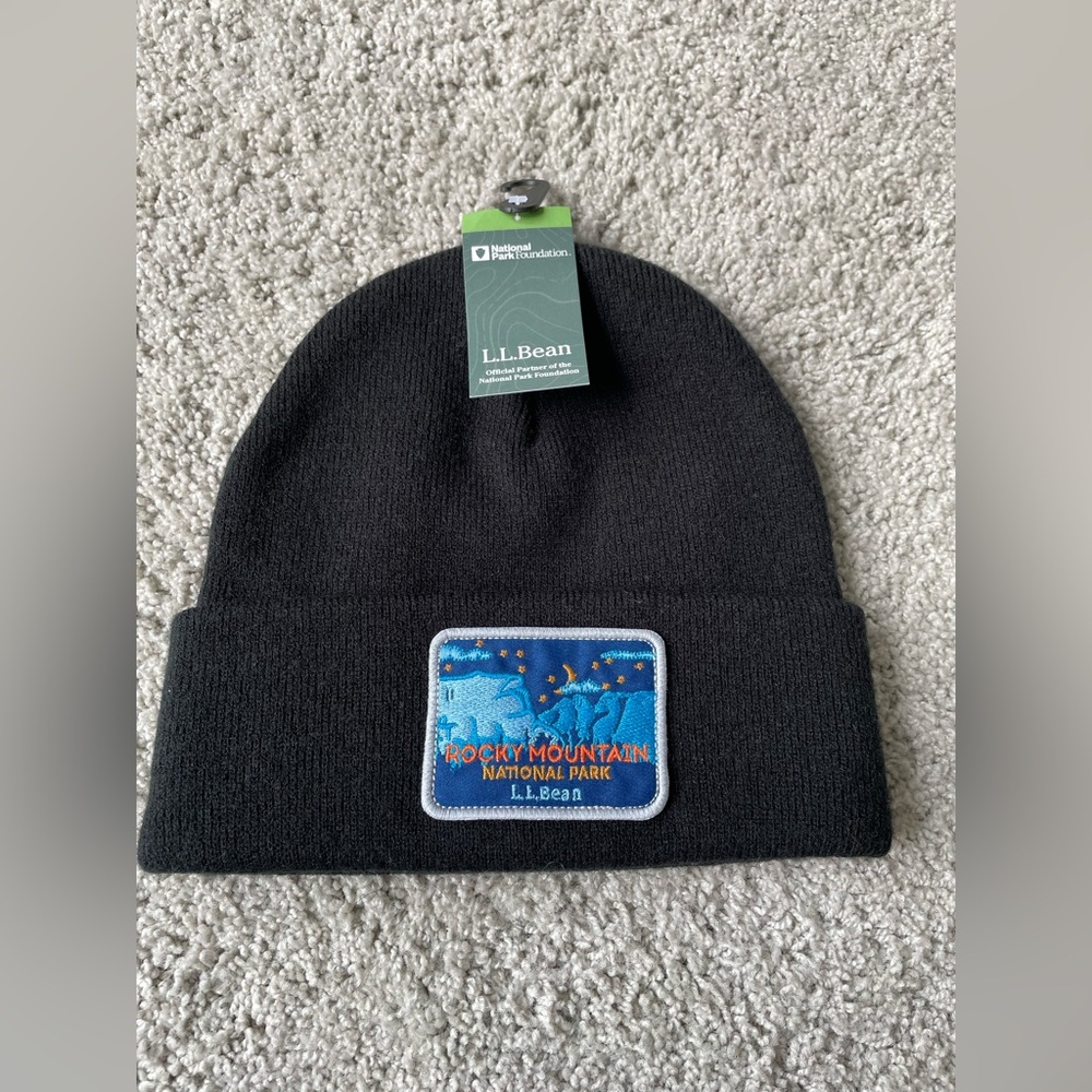 LL Bean Rocky Mountain National Park Black Beanie Stocking Cap New with Tags